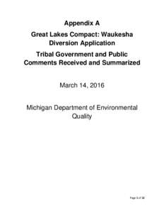 Appendix A Great Lakes Compact: Waukesha Diversion Application Tribal Government and Public Comments Received and Summarized