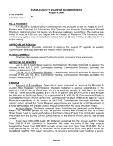 EUREKA COUNTY BOARD OF COMMISSIONERS August 6, 2014 STATE OF NEVADA COUNTY OF EUREKA  )