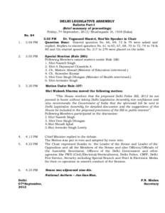 DELHI LEGISLATIVE ASSEMBLY Bulletin Part-I (Brief summary of proceedings) Friday, 7th September, 2012/ Bhadrapada 16, 1934 (Saka) NoPM
