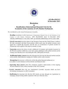 APA/ResDecember 2013 Resolution on Ramification of International Financial Crisis for the