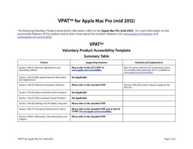 VPAT™ for Apple Mac Pro (mid[removed]The following Voluntary Product Accessibility information refers to the Apple Mac Pro (mid[removed]For more information on the accessibility features of this product and to learn more 