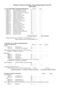 Bachelor of Science in Chemistry Program Requirements Check-List 2009 catalog 1. B.S. IN CHEMSITRY MAJOR REQUIREMENTS1 ACHM 111 (General Chemistry I and Lab) ACHM 112