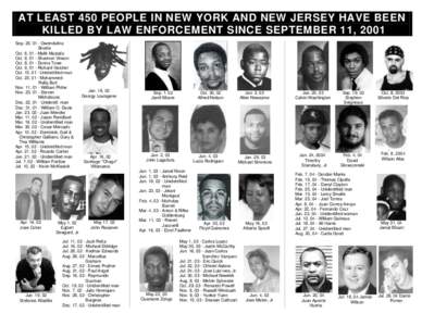 AT LEAST 450 PEOPLE IN NEW YORK AND NEW JERSEY HAVE BEEN KILLED BY LAW ENFORCEMENT SINCE SEPTEMBER 11, 2001 Sep. 20, 01 - Gwendulina Brodie Oct. 6, 01 - Malik Mustafa Oct. 8, 01 - Shannon Vinson