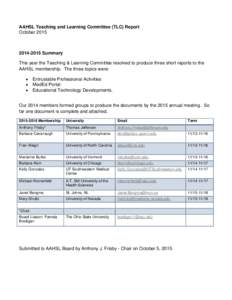 AAHSL Teaching and Learning Committee (TLC) Report OctoberSummary This year the Teaching & Learning Committee resolved to produce three short reports to the AAHSL membership. The three topics were: