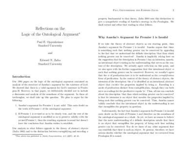 Paul Oppenheimer and Edward Zalta  Reflections on the Logic of the Ontological Argument∗ Paul E. Oppenheimer Stanford University