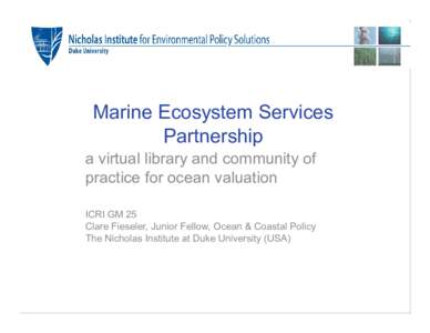 Marine Ecosystem Services Partnership a virtual library and community of practice for ocean valuation ICRI GM 25 Clare Fieseler, Junior Fellow, Ocean & Coastal Policy