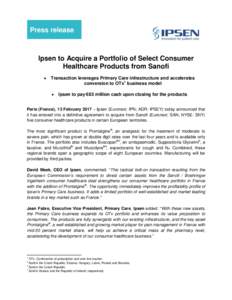 Press release  Ipsen to Acquire a Portfolio of Select Consumer Healthcare Products from Sanofi 