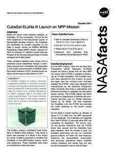 National Aeronautics and Space Administration  CubeSat ELaNa III Launch on NPP Mission
