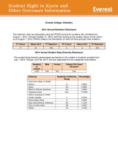 Everest College, Alhambra 2014 Annual Retention Disclosure The retention rates are calculated using the IPEDS formula for students who enrolled from August 1, 2012, through October 31, 2012, and then looking at the stude