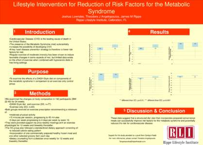 Lifestyle Intervention for Reduction of Risk Factors for the Metabolic Syndrome Joshua Lowndes, Theodore J Angelopoulos, James M Rippe Rippe Lifestyle Institute, Celbration, FL  Introduction