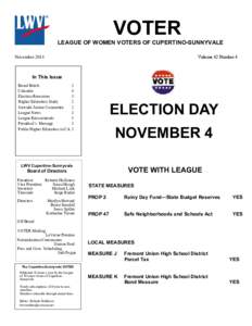 VOTER LEAGUE OF WOMEN VOTERS OF CUPERTINO-SUNNYVALE Volume 42 Number 4 November 2014