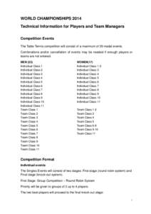 WORLD CHAMPIONSHIPS 2014 Technical Information for Players and Team Managers Competition Events The Table Tennis competition will consist of a maximum of 39 medal events. Combinations and/or cancellation of events may be