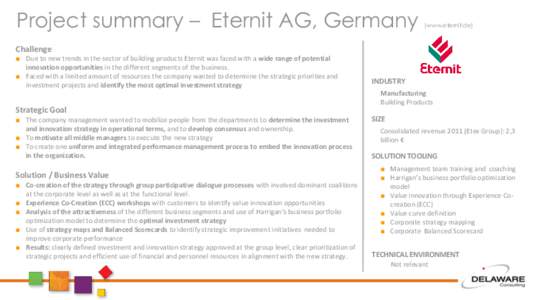 Project summary – Eternit AG, Germany  (www.eternit.de) Challenge ■ Due to new trends in the sector of building products Eternit was faced with a wide range of potential