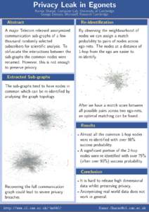 Privacy Leak in Egonets Kumar Sharad, Computer Lab, University of Cambridge George Danezis, Microsoft Research Cambridge Abstract A major Telecom released anonymized