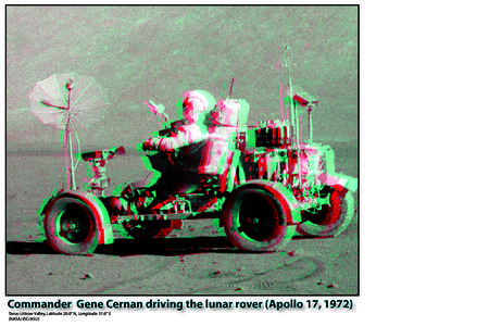 Commander Gene Cernan driving the lunar rover (Apollo 17, 1972) Tarus-Littrow Valley, Latitude 20.0° N, Longitude 31.0° E (NASA/JSC/ASU) 
