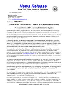 News Release New York State Board of Elections For Information Contact: John W. Conklin Director of Public Information Phone: (