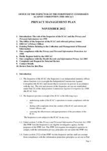 OFFICE OF THE INSPECTOR OF THE INDEPENDENT COMMISSION AGAINST CORRUPTION (THE OIICAC) PRIVACY MANAGEMENT PLAN NOVEMBERIntroduction: The role of the Inspector of the ICAC and the Privacy and