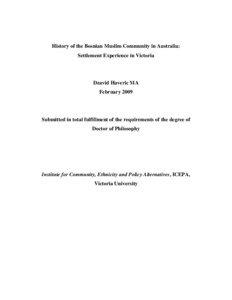History of the Bosnian Muslim Community in Australia: Settlement Experience in Victoria