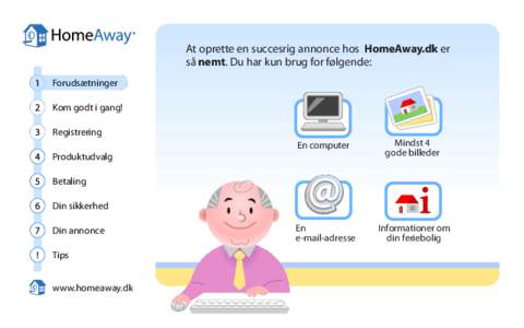 At oprette en succesrig annonce hos HomeAway.dk er så nemt. Du har kun brug for følgende: Forudsætninger Kom godt i gang! Registrering Produktudvalg