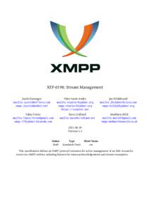 XEP-0198: Stream Management Justin Karneges mailto: xmpp:  Peter Saint-Andre