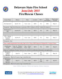 Delaware State Fire School June/July 2015 Fire/Rescue Classes Course Name  Date(s)