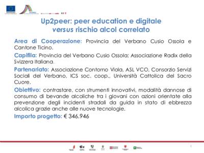 Up2peer: peer education e digitale versus rischio alcol correlato Area di Cooperazione: Provincia del Verbano Cusio Ossola e Cantone Ticino.  Capifila: Provincia del Verbano Cusio Ossola; Associazione Radix della