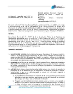 DECISIÓN AMPARO ROL C99-10  Entidad pública: Secretaría Regional Ministerial de Salud, I Región de Tarapacá Requirente: