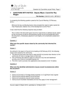 Question by Councillors as per Policy Page 1  1 QUESTIONS WITH NOTICE - Deputy Mayor, Councillor Roy Maggio
