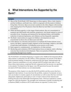 4. What Interventions Are Supported by the Bank? Highlights  Most of the World Bank’s ECD financing is to three regions: Africa, Latin America and the Caribbean, and South Asia, which is congruent with the needs of 