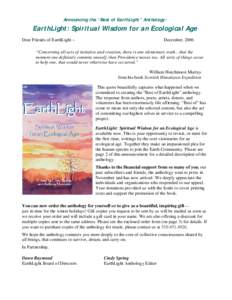 Announcing the “Best of EarthLight” Anthology:  EarthLight: Spiritual Wisdom for an Ecological Age Dear Friends of EarthLight ~  December, 2006