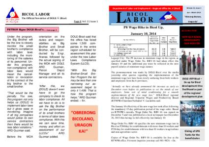 Department of Labor and Employment – Regional Office No. V (Bicol)  The Official Newsletter of DOLE-V (Bicol) Page 8 Vol. 11 Issue 1 PETRON Signs DOLE-Bicol’s…
