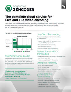 The complete cloud service for Live and File video encoding Zencoder is a cloud-based service featuring extremely fast transcoding, industry leading reliability, unmatched input ﬁle compatibility and output support for