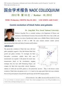 PDF versions of previous colloquia and more information can be found in “events” at http://gcosmo.bao.ac.cn/ 2012 年 第 18 次 / Number 18,2012 TIME: Wednesday, 3:00 PM, May 02, 2012