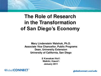 The Role of Research in the Transformation of San Diego’s Economy Mary Lindenstein Walshok, Ph.D. Associate Vice Chancellor, Public Programs Dean, University Extension