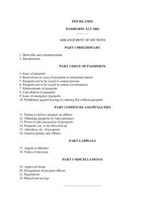 FIJI ISLANDS PASSPORTS ACT 2002 _______ ARRANGEMENT OF SECTIONS PART 1 PRELIMINARY 1. Short title and commencement