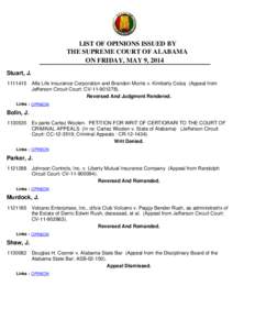 LIST OF OPINIONS ISSUED BY THE SUPREME COURT OF ALABAMA ON FRIDAY, MAY 9, 2014 Stuart, J[removed]Alfa Life Insurance Corporation and Brandon Morris v. Kimberly Colza (Appeal from Jefferson Circuit Court: CV[removed]).