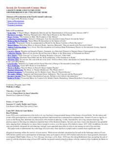 Society for Seventeenth­Century Music A SOCIETY DEDICATED TO THE STUDY AND PERFORMANCE OF 17TH-CENTURY MUSIC ----------------------------------------------Abstracts of Presentations at the Fourth Annual Conference 18
