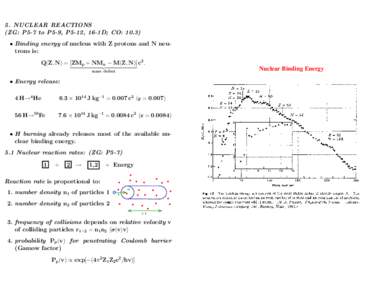 5. NUCLEAR REACTIONS (ZG: P5-7 to P5-9, P5-12, 16-1D; CO: 10.3) • Binding energy of nucleus with Z protons and N neutrons is: Q(Z, N) = [ZMp + NMn − M(Z, N)] c2. |