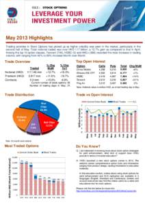May 2013 Highlights Trading activities in Stock Options has picked up as higher volatility was seen in the market, particularly in the second half of May. Total notional traded was over HKD 117 billion, a 12.7% gain as c
