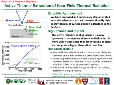 March 2016 Research Highlight  Active Thermal Extraction of Near-Field Thermal Radiation Scientific Achievement Fluorescence