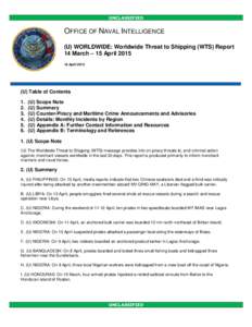 UNCLASSIFIED  OFFICE OF NAVAL INTELLIGENCE (U) WORLDWIDE: Worldwide Threat to Shipping (WTS) Report 14 March – 15 AprilApril 2015