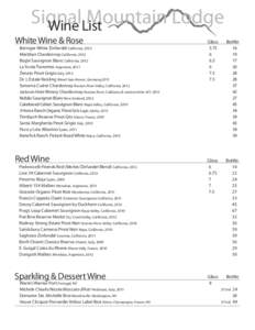 Signal Mountain Lodge Wine List 		 White