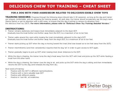 DELICIOUS CHEW TOY TRAINING – CHEAT SHEET FOR A DOG WITH FOOD AGGRESSION RELATED TO DELICIOUS EDIBLE CHEW TOYS TRAINING SESSIONS: Progress through the following steps (should take 5-30 sessions), as long as the dog and