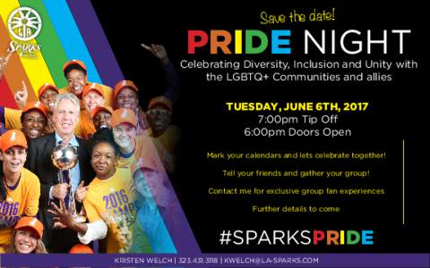 Save the date!  PRIDE NIGHT Celebrating Diversity, Inclusion and Unity with the LGBTQ+ Communities and allies