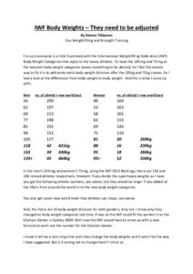 IWF Body Weights – They need to be adjusted By Steven Tikkanen Sisu Weightlifting and Strength Training I’m sure everyone is a little frustrated with the International Weightlifting Federation (IWF) Body Weight Categ