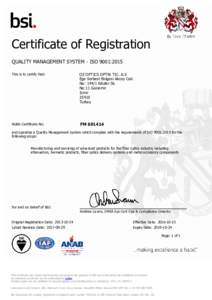 Certificate of Registration QUALITY MANAGEMENT SYSTEM - ISO 9001:2015 This is to certify that: OZ OPTICS OPTIK TIC. A.S Ege Serbest Bolgesi Akcay Cad.