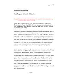 page 1 of 38  Economic Explanations Paul Thagard, University of Waterloo  Thagard, P. (forthcoming). Economic explanations. In M. Lissack & A. Graber (Eds.), Modes of