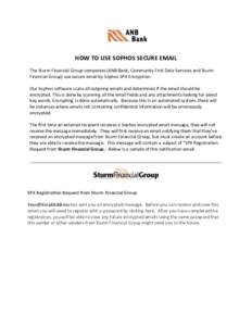 HOW TO USE SOPHOS SECURE EMAIL The Sturm Financial Group companies (ANB Bank, Community First Data Services and Sturm Financial Group) use secure email by Sophos SPX Encryption. Our Sophos software scans all outgoing ema