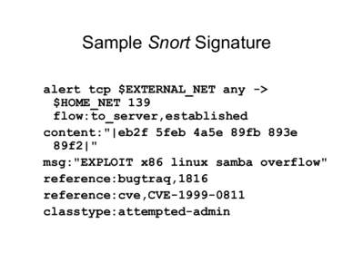 Sample Snort Signature alert tcp $EXTERNAL_NET any -> $HOME_NET 139 flow:to_server,established content: