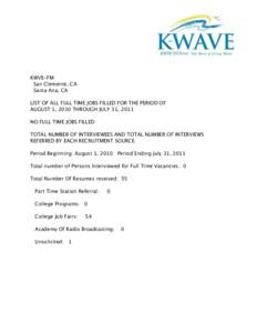 KWVE-FM San Clemente, CA Santa Ana, CA LIST OF ALL FULL TIME JOBS FILLED FOR THE PERIOD OF AUGUST 1, 2010 THROUGH JULY 31, 2011 NO FULL TIME JOBS FILLED